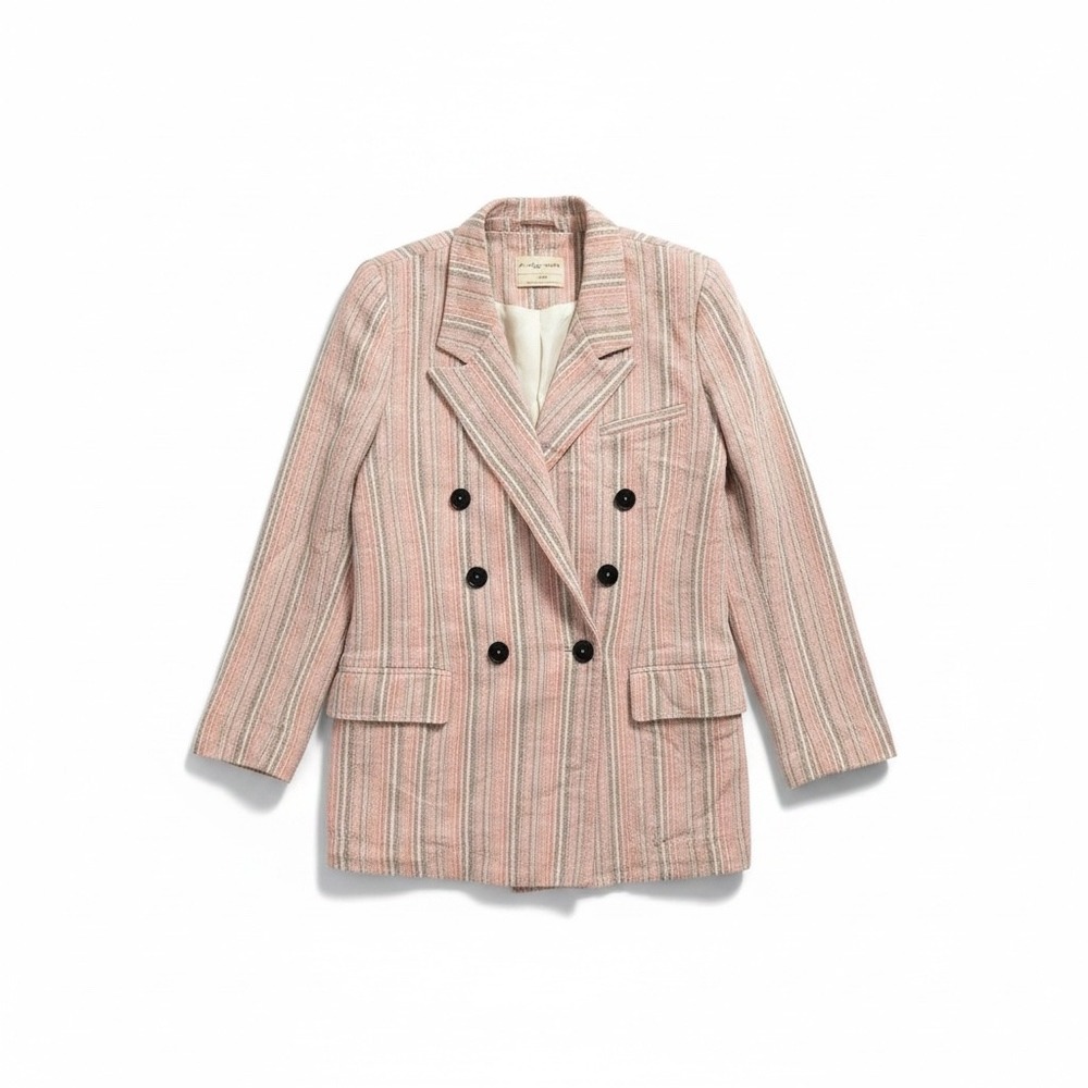 Free People Blazer Womens M Pink Striped Double Breasted Cotton Tailored Jacket